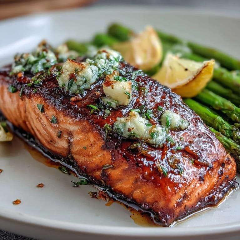 Pan-seared salmon fillets topped with crisp asparagus and lemon slices, bathed in rich garlic butter.