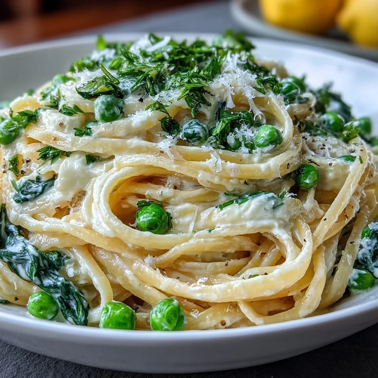 Spring Pasta: Ricotta and Lemon Linguine with Peas - tender linguine coated in creamy ricotta-lemon sauce, dotted with bright green peas and fresh parsley.
