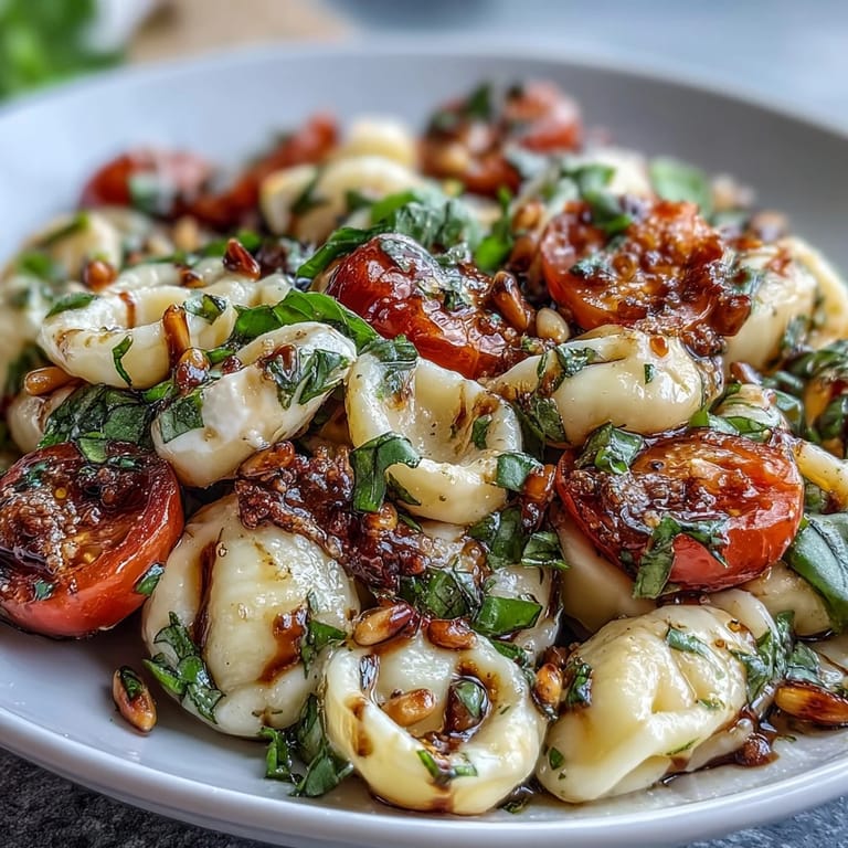 Colorful summer pasta salad featuring ripe cherry tomatoes, soft mozzarella, and fresh basil leaves, drizzled with balsamic glaze.
