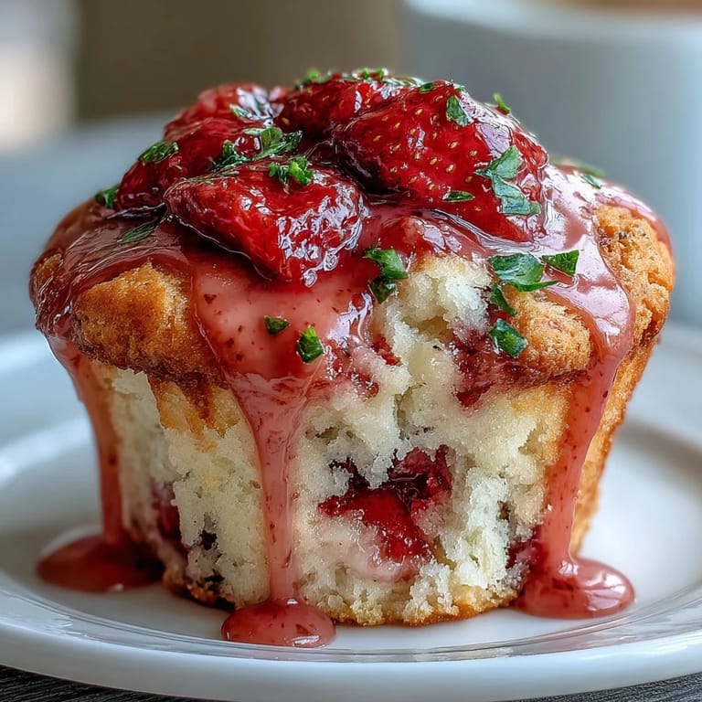 Fluffy muffins packed with fresh strawberries and lemon zest, finished with a tangy-sweet glaze, ideal for spring brunch or afternoon tea.