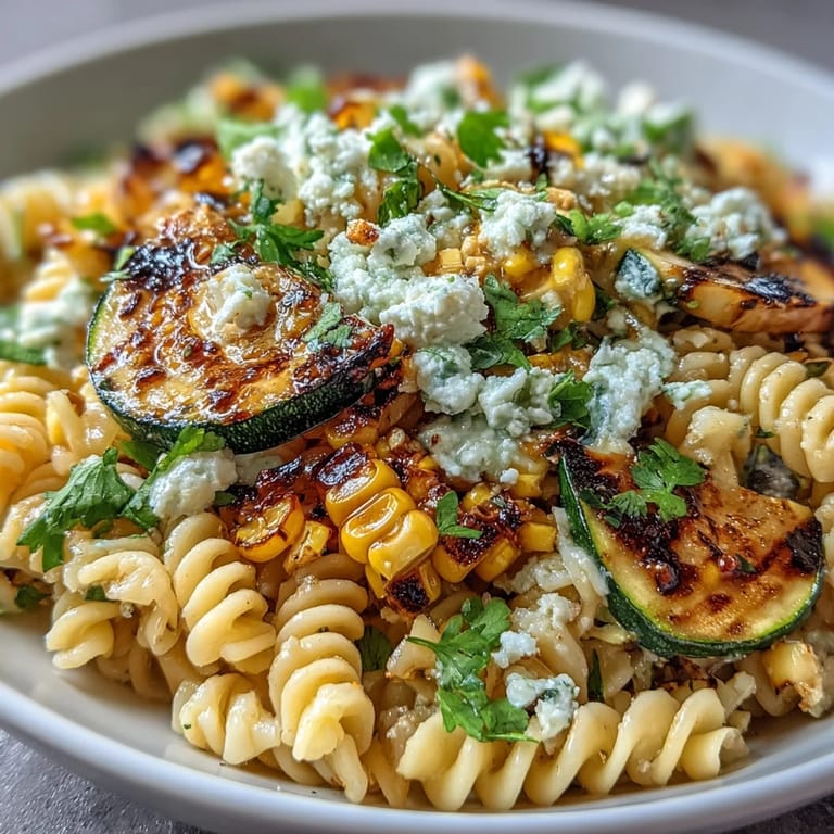 Vibrant pasta salad featuring grilled zucchini, sweet corn, and zesty lime dressing.