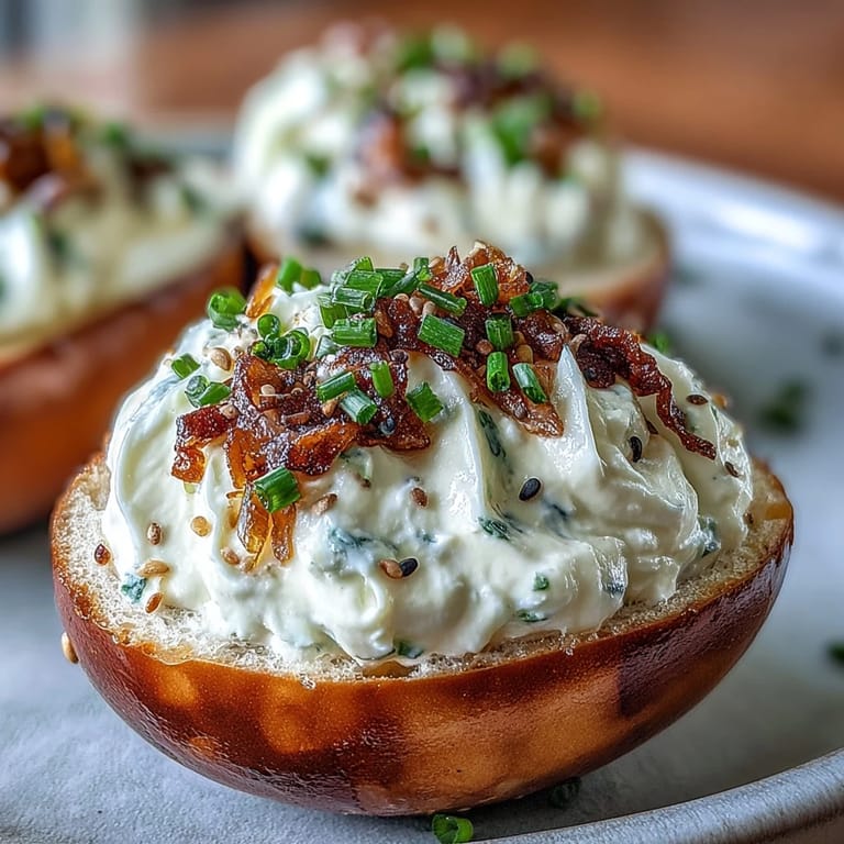 Creamy deviled eggs adorned with everything bagel seasoning, ready for brunch.