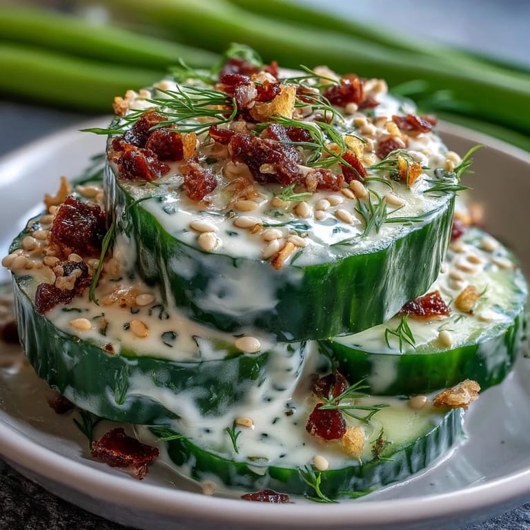 Crisp cucumbers coated in zesty everything bagel dressing, perfect for lunch.