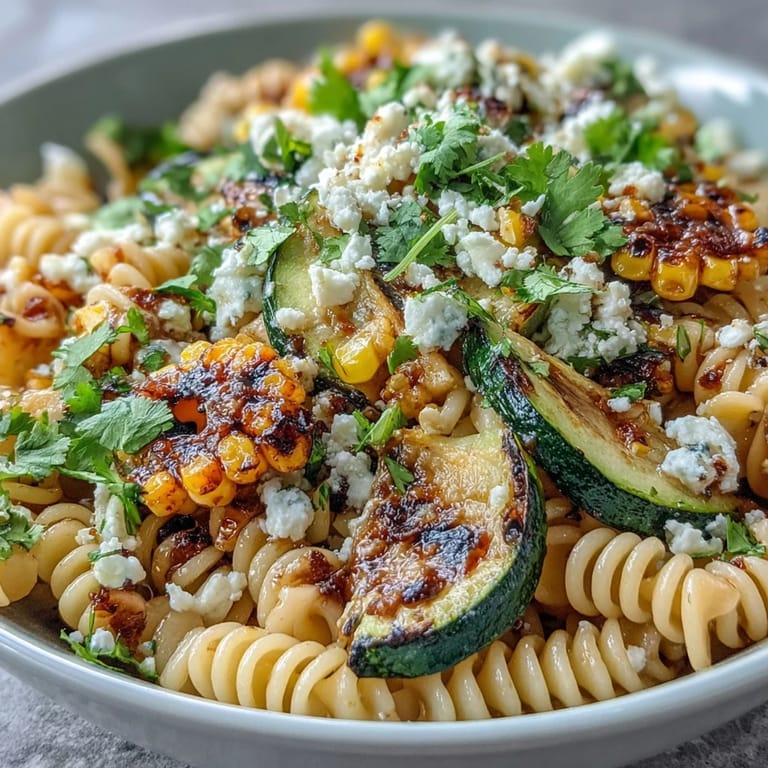 Delicious pasta salad with fresh corn, grilled zucchini, and creamy Cotija cheese.