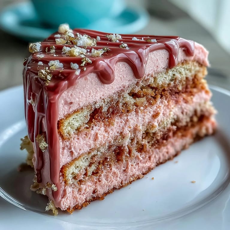 Layers of pink rosé-infused velvet cake frosted with cream cheese frosting and adorned with a shimmering gold drip for a stunning centerpiece.