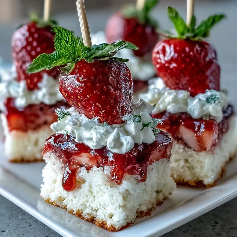 Delightful Mini Strawberry Shortcake Bites skewers, perfect for a summer gathering dessert.