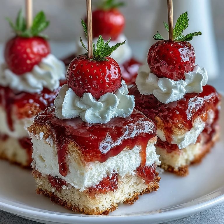 Skewered Mini Strawberry Shortcake Bites topped with sweet cream and juicy fruit.