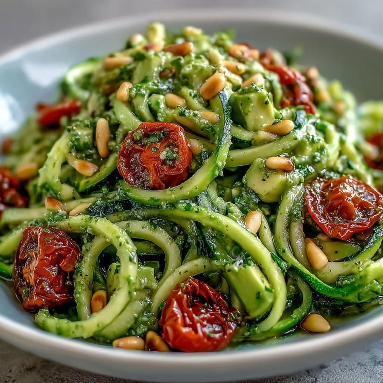 Bright green Zucchini Noodles with Avocado Pesto, deliciously simple low-carb meal.