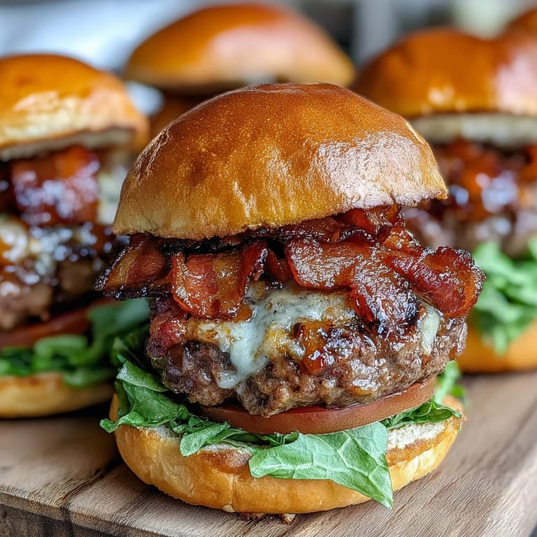 Appetizing photo of easy Father's Day bacon burger sliders, perfectly grilled and stacked high.
