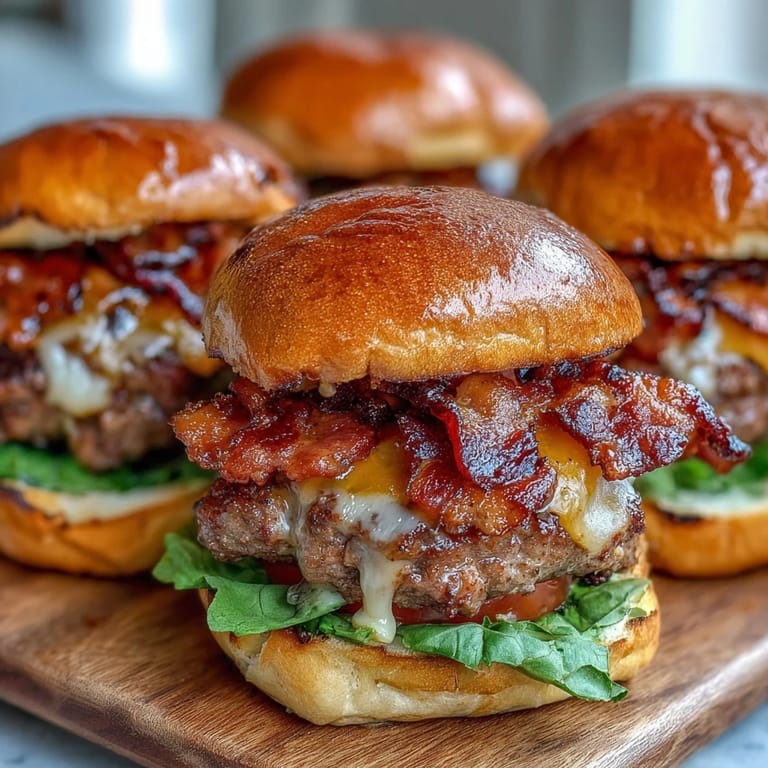 Delicious, family-friendly Father's Day bacon burger sliders with crispy bacon and gooey cheese.