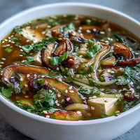 Steaming bowl of Ginger-Miso Winter Soup garnished with fresh scallions and sesame seeds, perfect for a cozy day. 