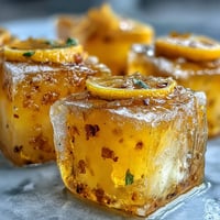 Golden Lemon Ginger Turmeric Wellness Cubes frozen in an ice tray, glistening with vibrant orange hue and zesty citrus aroma.