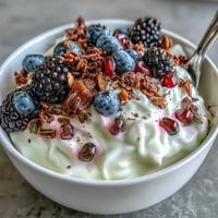 Creamy yogurt bowl topped with vibrant winter berries and a homemade spiced crunch with cinnamon and ginger.