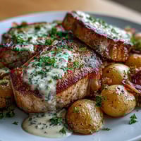 Tender Crockpot Ranch Pork Chops in creamy gravy with golden carrots and baby potatoes, served steaming from the slow cooker.