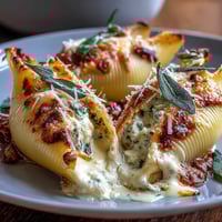 Golden, bubbly baked Pumpkin & Gouda Stuffed Shells with fresh sage garnish on a rustic plate.