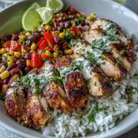 Golden Cajun chicken slices rest on fluffy white rice beside black beans and sweet corn, topped with diced red and yellow peppers and fresh cilantro.
