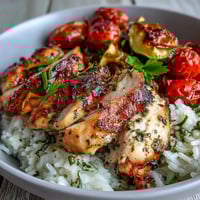 Sliced lemon herb roasted chicken breast sits atop fluffy rice with colorful roasted vegetables and a bright dressing drizzle.