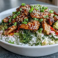 Golden brown chicken pieces and crisp, colorful vegetables piled high on a bed of fluffy white rice in a serving bowl.