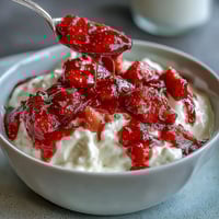Strawberry compote drizzled over Greek yogurt with a hint of honey and fresh mint.  