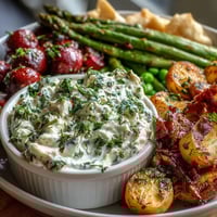 Spring vegetable platter with herb dip, featuring crisp radishes, peas, and carrots arranged around a creamy bowl of fresh herb dip.