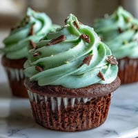 Festive green velvet cupcakes with cocoa and cream cheese frosting, perfect for St. Patrick's Day celebrations.