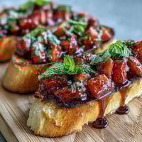 Fresh strawberry bruschetta with balsamic glaze and mint, perfect for summer entertaining or a light snack.  