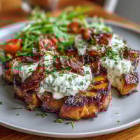 Grilled peach and burrata salad with arugula, cherry tomatoes, and balsamic glaze. Sweet smoky peaches paired with creamy cheese and fresh greens.