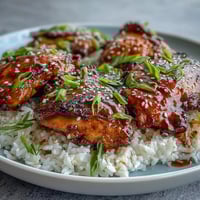 Slow cooker honey garlic chicken with tender thighs in a glossy sweet soy sauce, served over fluffy jasmine rice.  