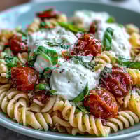 Creamy Caprese pasta with burrata, cherry tomatoes, and fresh basil in a vibrant summer dish.