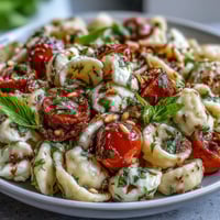 Fresh Caprese pasta salad with juicy tomatoes, creamy mozzarella, and fragrant basil in a vibrant summer dish.