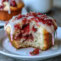 Golden strawberry lemon muffins topped with a glossy lemon glaze, bursting with juicy berries and citrus aroma—perfect for a bright breakfast.