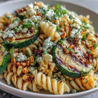 Summer pasta salad bursting with smoky grilled zucchini, corn, and crumbled Cotija.