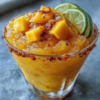 Fruity Spicy Mango Margarita Slushie, a vibrant, sweet, and spicy blended tropical drink.